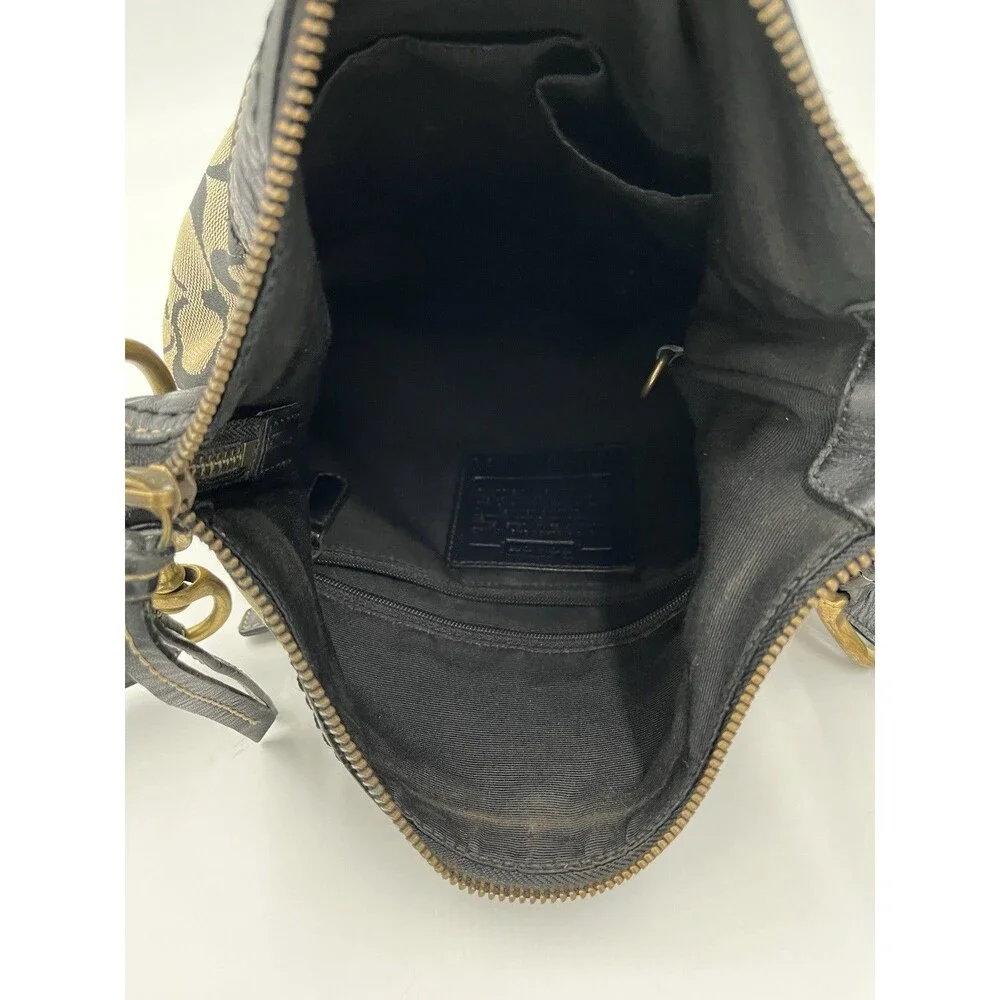 Coach Signature Monogram Canvas Crossbody Bag Black Tan Leather Trim Messenger